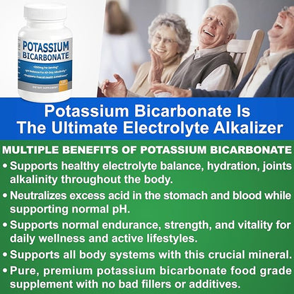 Pure Potassium Bicarbonate Supplement Capsules pH Balance Pills, High Potassium Electrolytes 1200mg Serv. USA Made Bicarbonate Food Grade, Acid-Alkaline Balance Immunity Endurance 120 caps
