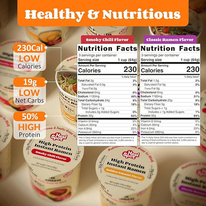 Healspot High Protein Instant Ramen Variety Pack (6 Cups) - 32g Plant-Based Protein, Non-Fried, Low Carb, Keto & Vegan Friendly (Smoky-Beef/Classic-Pork)