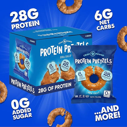 CRISP POWER Protein Pretzels, Sea Salt, 28G Protein, High Protein Snack, High Fiber, Low Carb Crunchy Pretzel Snacks, No Added Sugar, 1.75 oz Bags, 24 Pack, Vegan, Keto