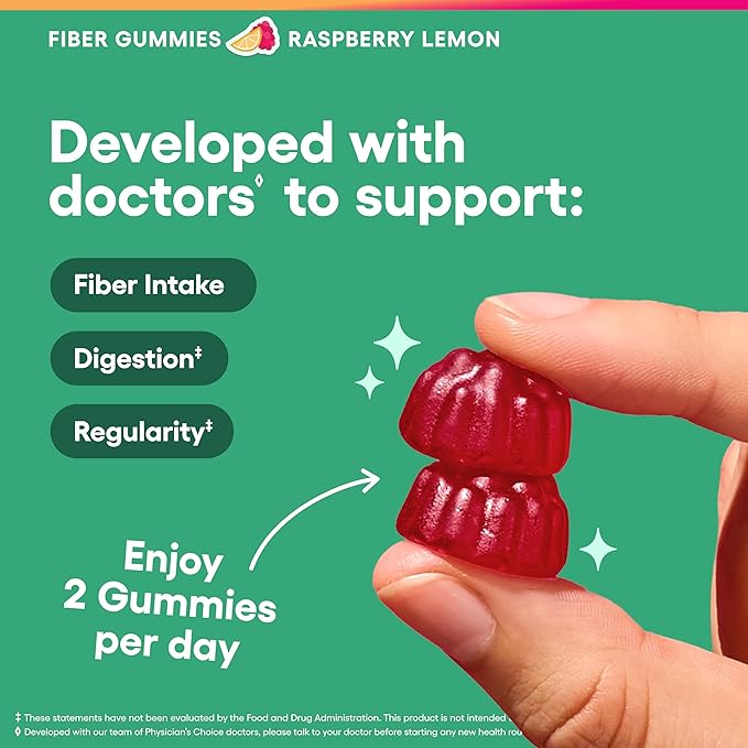 Physician’s Choice Fiber Gummies for Digestive Health & Regularity - Raspberry Lemon Flavor - No Sugar Added & Vegan - Natural Chicory Root Prebiotic Fiber - Daily Gummy for Adults, Women & Men - 60CT