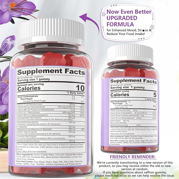 Saffron Supplements Gummies 100mg - 100% Pure Saffron Extract with Magnesium Glycinate, L-Theanine, Turmeric, Ashwagandha, Honey & Vitamin B Complex for Mood & Power, Antioxidant, Vitality - 60 Count
