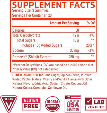 ZHOU Shilajit Gummies - Pure Himalayan Shilajit for Men and Women with Natural Resin Extract, 250 mg Per Serving, Clinically Studied, Gluten Free Formula - Cherry Vanilla Flavor, 60 Chews