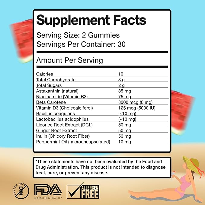 UVBites - Tanning Gummies - Self Tan Supplement - Tanning Pill - Fast Acting & Debloating Melanin Supplement with Beta Carotene, Astaxanthin, Niacinamide - Glow Up Skin (60 Count, Watermelon)