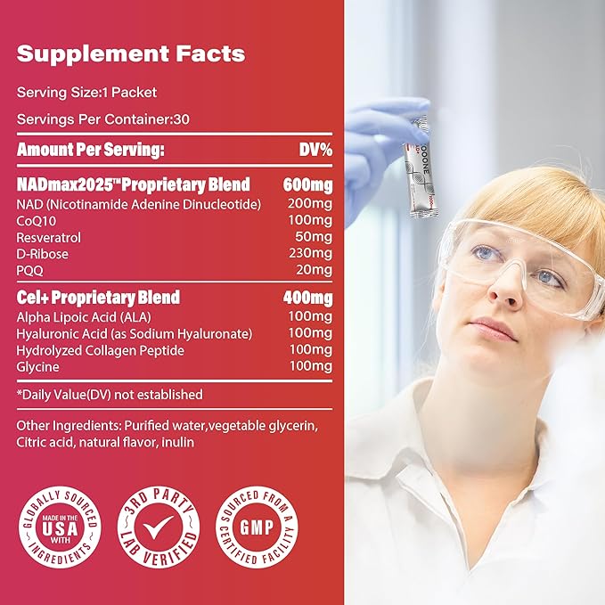 NAD+ 1000mg Liquid Packets Supplement - Premium Nicotinamide Riboside & Resveratrol for Cellular Energy,Advanced NAD Booster for Men & Women (90 Pocket)