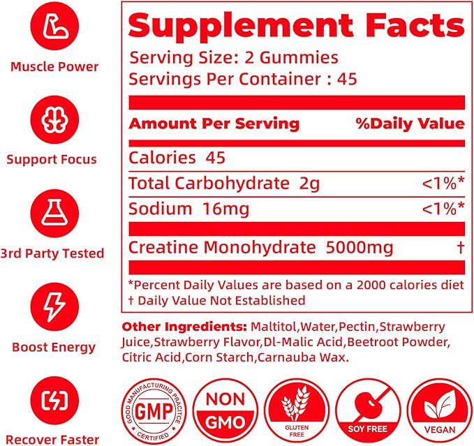 Novomins Creatine Monohydrate Gummies 5000mg for Men & Women, Chewables Creatine Monohydrate for Muscle Strength, Muscle Builder, Energy Boost, Pre-Workout Supplement(90 Count)-Strawberry Flavor