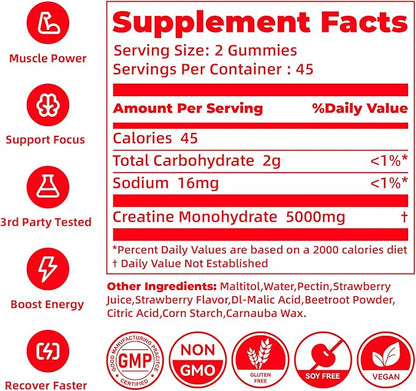 Novomins Creatine Monohydrate Gummies 5000mg for Men & Women, Chewables Creatine Monohydrate for Muscle Strength, Muscle Builder, Energy Boost, Pre-Workout Supplement(90 Count)-Strawberry Flavor