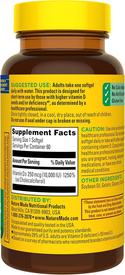 Nature Made Vitamin D3 10000 IU (250 mcg) Maximum Strength, Vitamin D Supplement for Bone and Immune Health Support, 60 Softgels, 60 Day Supply