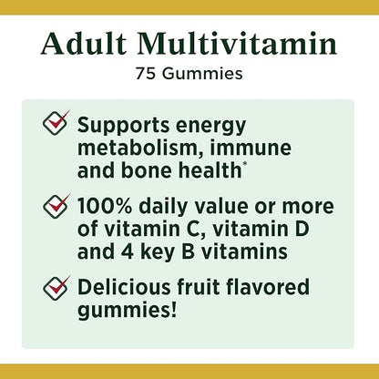 Nature's Bounty Adult Multivitamin Gummies, Vitamin Supplement, Daily Nutritional Needs, Orange, Cherry and Grape Flavor, 75 Gummies (Pack of 3)