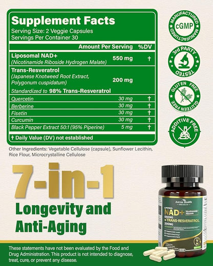 Liposomal NAD+ Resveratrol Supplement - NMN Alternative with Trans-Resveratrol, Quercetin & Fisetin - NAD Plus for Women and Men, Cellular Energy & Healthy Aging, Non-GMO | 180 Capsules