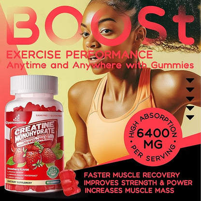Creatine Monohydrate Gummies Complex for Men & Women -Advanced Formula W/L-Taurine + Vitamin B12, Sugar Free Chewable Supplement,90 Strawberry Gummies