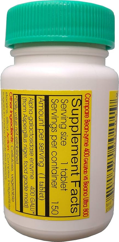 Bean-Zyme Gas Relief for Adults Extra Strength (150 ct) is 400 GAUL per Tablet Alpha Galactosidase, Vegan, Cost Less, Digestive Enzyme Dietary Supplement Natural Food Enzyme