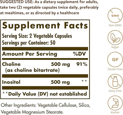 Solgar Choline/Inositol 500 mg/500 mg,100 Vegetable Capsules-Energy Metabolism,Liver Health,Essential for Brain&Nerve Function-Non-GMO,Vegan,Gluten Free,Dairy Free,Kosher-50 Servings,(Pack of 2)