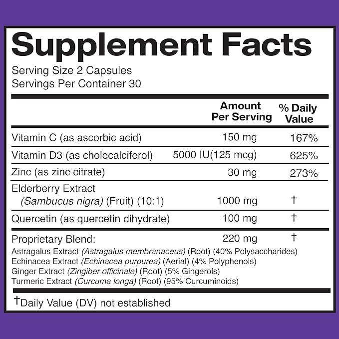American Standard Supplements Elderberry Extract with Quercetin, Vitamin C, D3, Ginger, Zinc, Turmeric, Astragalus and Echinacea – 60 Capsules, 30 Servings