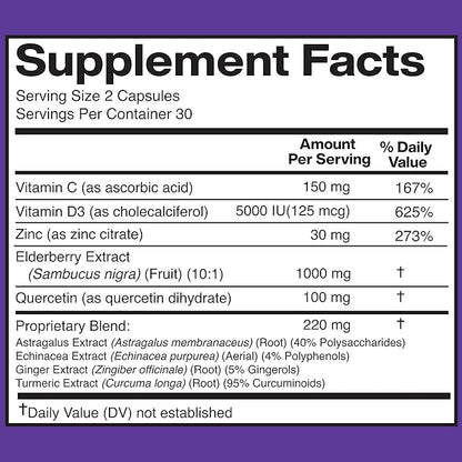 American Standard Supplements Elderberry Extract with Quercetin, Vitamin C, D3, Ginger, Zinc, Turmeric, Astragalus and Echinacea – 60 Capsules, 30 Servings