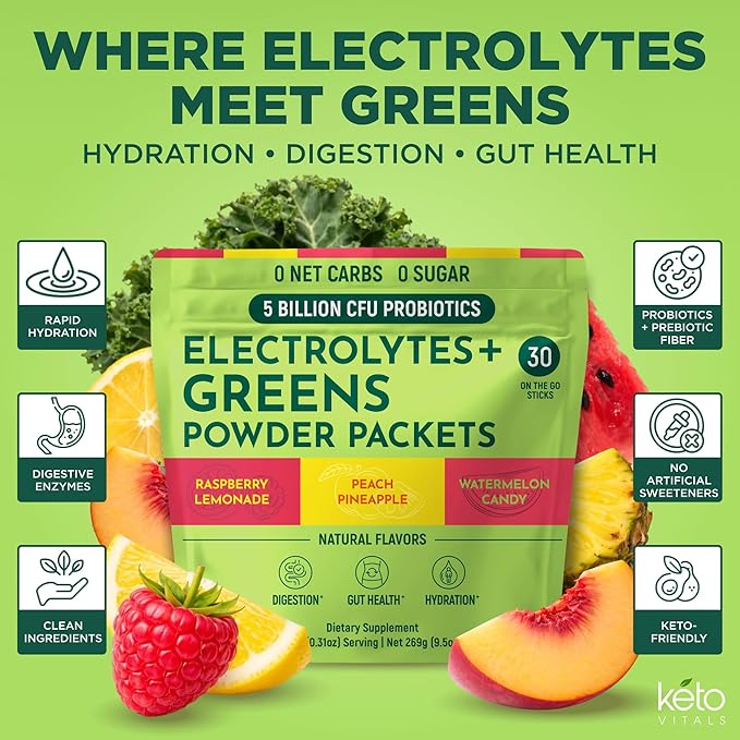 Keto Vitals Keto Electrolytes Plus Greens Superfood Powder Packets - 30 Servings Super Greens Powder Packets with Sugar Free Electrolytes for Hydration, Gut Health & Digestion - Green Drink Mix