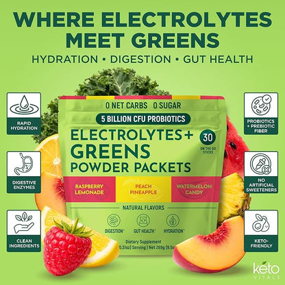 Keto Vitals Keto Electrolytes Plus Greens Superfood Powder Packets - 30 Servings Super Greens Powder Packets with Sugar Free Electrolytes for Hydration, Gut Health & Digestion - Green Drink Mix