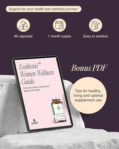 Ecosh Women's Probiotic for PH Balance, Urinary Tract & Gut Health – Vaginal Probiotics for Women with Prebiotics, Lactobacillus Acidophilus & Crispatus, Natural Cranberry & Herbs | 60 Vegan Capsules