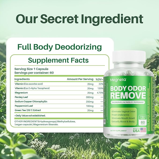 Body Deodorizing Supplement, Natural Internal Odor Control Pills for Men & Women, Chlorophyll Capsules for Skin, Breath and Gut Health (60 Capsules)