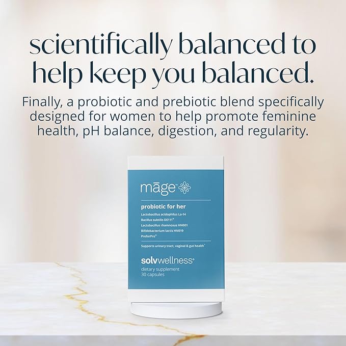Solv Wellness Mage Probiotic for Her, Daily Womens Prebiotic and Probiotics Blend Nutritional Supplements for Digestive, Vaginal PH Balance, Urinary Tract Health Support, 30 Capsules