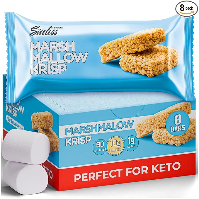 Sinless Snacks Delicious Marshmallow Krisp Bar - Low Carb Keto Snack - 10g Protein 2g Net Carbs - New Improved Recipe, More Soft & Chewy - Gluten Free, Low Sugar, Perfect Snack for the Family - 8 Bars