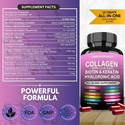 Multi Collagen Pills Peptides Types I, II, III, V & X MCG Biotin Keratin Hyaluronic Acid MSM Vitamin C Zinc Magnesium with Grape Seed Extract, Quercetin - Hair Skin and Nails Vitamins Capsule