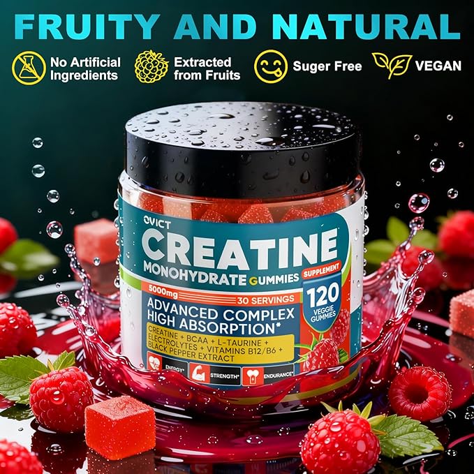 99.99% Creatine Monohydrate Gummies for Men Women 5g, 7-in-1 Pre-Workout Complex with BCAA, Taurine, B12/6 & Electrolytes, 6X Boost Energy, Muscle Strength & Recovery, Brain Focus, Vegan, Sugar Free