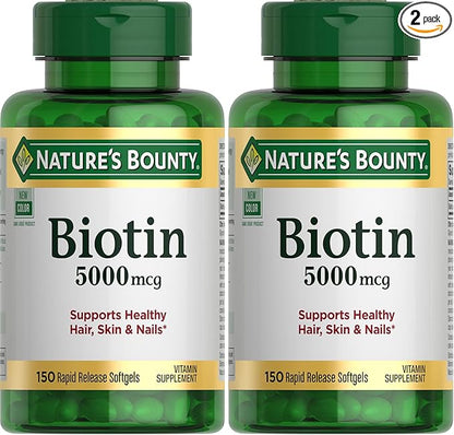 Nature's Bounty Biotin, Supports Metabolism for Cellular Energy and Healthy Hair, Skin, and Nails, 5000 mcg, 150 Softgels (Pack of 2)