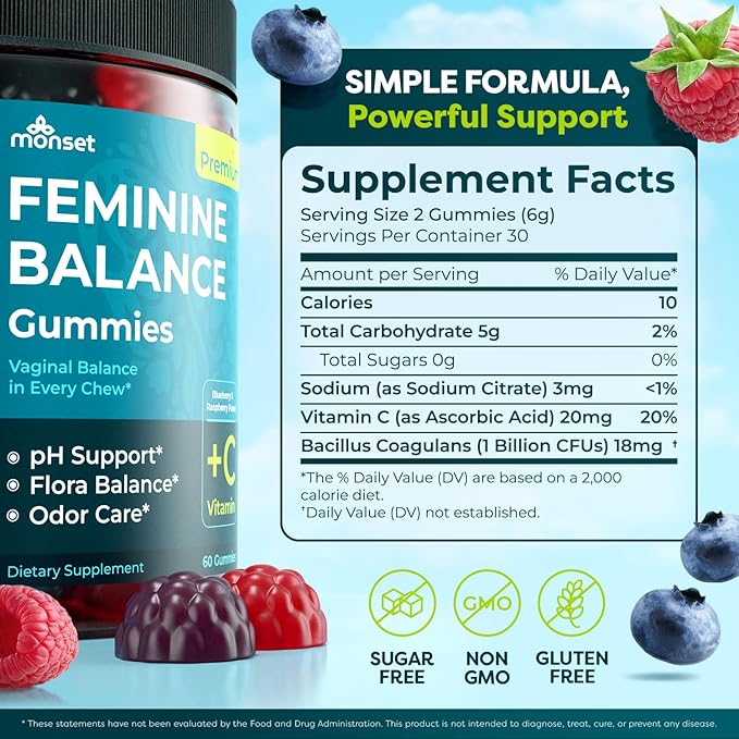 MONSET Feminine Balance Gummies for Women – Vaginal Probiotics for Women pH Balance & Odor Control – 60ct Prebiotics and Probiotics for Womens – Berry Flavor Vaginal Health Supplement
