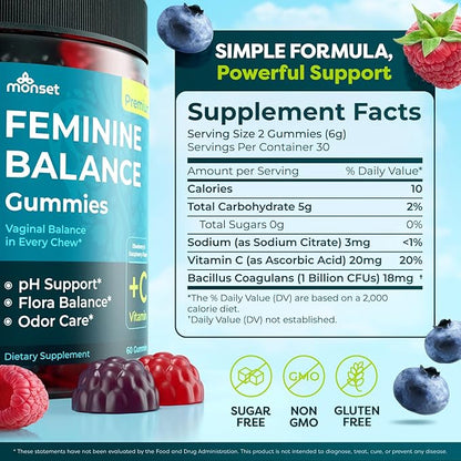 MONSET Feminine Balance Gummies for Women – Vaginal Probiotics for Women pH Balance & Odor Control – 60ct Prebiotics and Probiotics for Womens – Berry Flavor Vaginal Health Supplement