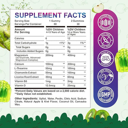 Center-Filled Kids Magnesium Gummies - Magnesium Glycinate Gummies for Kids & Adults with L-Theanine, Chamomile, Licorice, Vitamin D, B6 for Sleep, Relaxation, Brain & Muscle - Sugar Free Apple & Kiwi