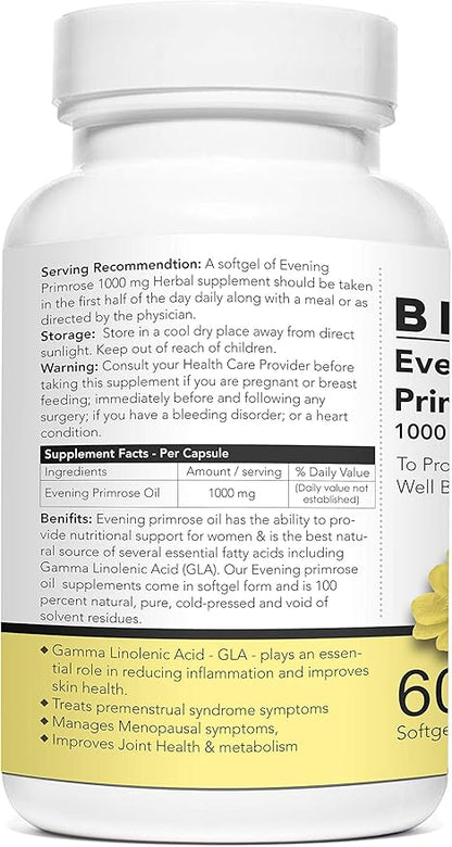 Evening Primrose Oil - 60 Liquid Filled Capsules- 1000 mg Softgel