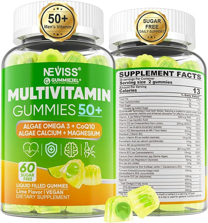 Multivitamin for Men 50 + Plus, Sugar Free Men Multivitamins Gummies w/Omega-3, Coq10, D3k2, Calcium, Magnesium, Zinc, Vitamins A, C & E, Mens Vitamins for 𝖧𝖾𝖱𝗍, Antioxidant, Brain, Bone, 60cts