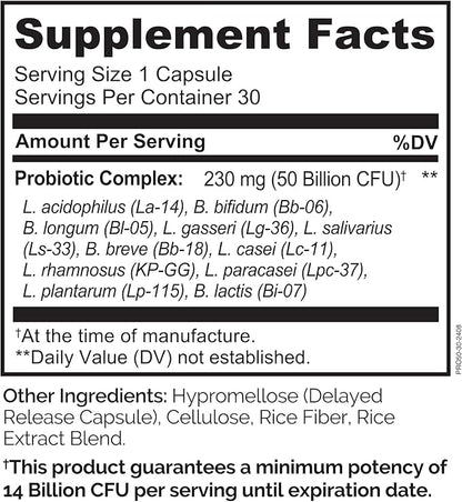 NATURELO Probiotics for Digestive Health, 50 Billion CFU, 30 Vegetarian Capsules, 11 Strains, Daily Use Supplement, Delayed Release, No-Fridge, Helps Boost Immune System, Probiotics for Women & Men