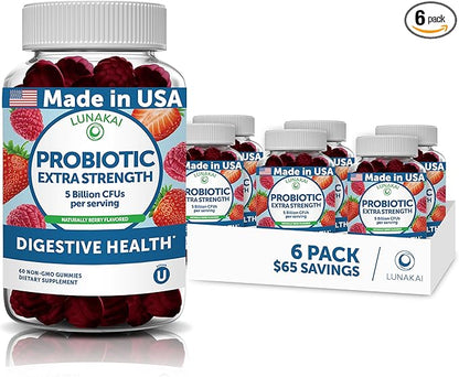Lunakai USA Made Probiotic Gummies - 5 Billion CFUs, Vegan, Non-GMO, Gluten-Free - Digestive & Immune Support for Women & Men - 6 Pack