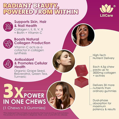 Collagen Gummies + Biotin Soft Chews 3000mg for Women & Men, Ultra Hydrolyzed Collagen Peptides Boosting Type I,II,III,V,X, Vitamin C, E, Anti-Aging Formula for Hair, Skin & Nails, Digestion,Bone,60Ct