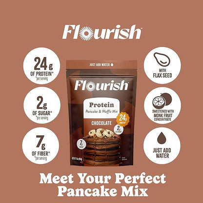 Flourish Protein Pancake & Waffle Mix, with Whey Protein & Flax Seed, No Added Sugar, High in Protein & Fiber - Just Add Water - Chocolate Flavour, 16oz (2 Pack)