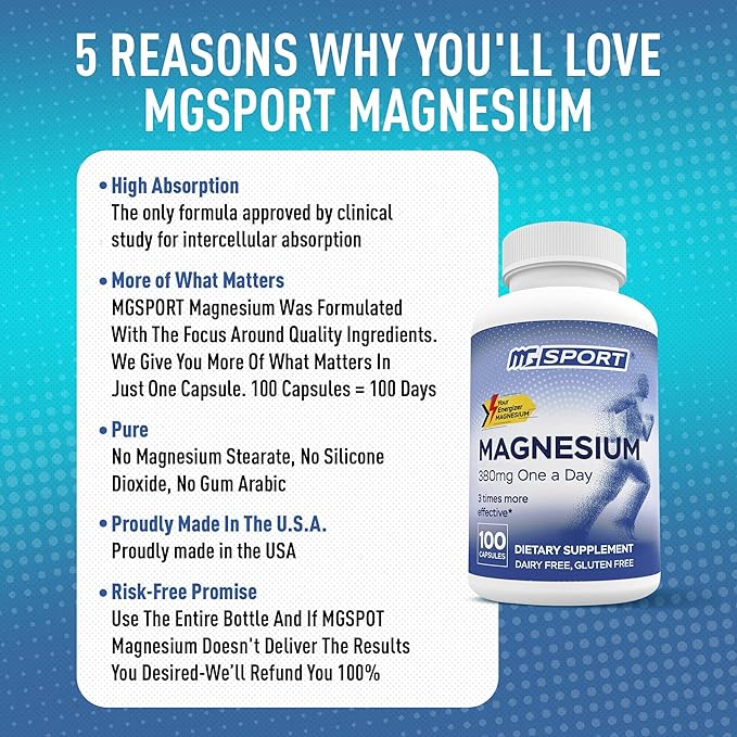 MGSPORT Magnesium Supplement 380mg - High Absorption Magnesium Complex Formula with Vitamins B6, D, E - Supports Muscle Function and Sleep Quality - 100 Servings