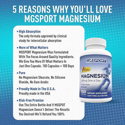 MGSPORT Magnesium Supplement 380mg - High Absorption Magnesium Complex Formula with Vitamins B6, D, E - Supports Muscle Function and Sleep Quality - 100 Servings