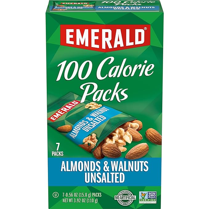 Emerald Nuts Unsalted Almonds and Walnuts 7 Ct (1-Pack), 100-Calorie Individual Packs of Nut Blend, Kosher Certified, Non-GMO, Contains No Artificial Preservatives, Flavors or Synthetic Colors