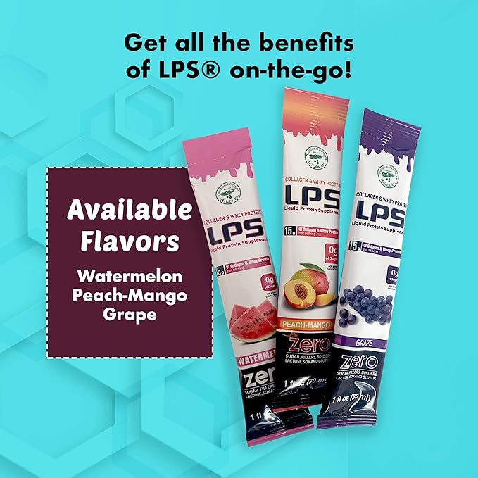 Nutritional Designs LPS Liquid Collagen & Whey Protein Supplement - Non-GMO Drink, Sugar-Free - Promotes Healthy Skin & Hair for Men & Women, Peach Mango, Single Serve (100 Packets)