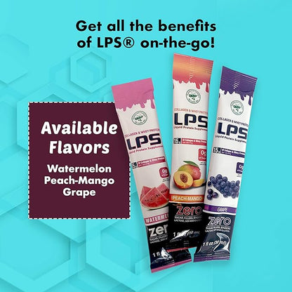 Nutritional Designs LPS Liquid Collagen & Whey Protein Supplement - Non-GMO Drink, Sugar-Free - Promotes Healthy Skin & Hair for Men & Women, Peach Mango, Single Serve (100 Packets)