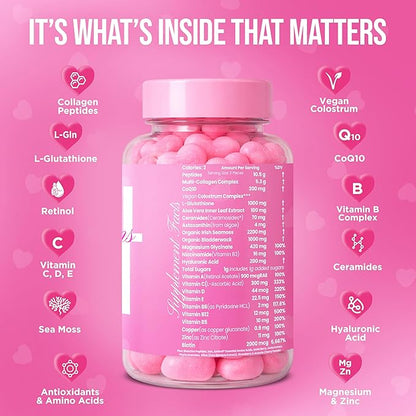 Skin Gummies for Women & Teens – Beauty Vitamin Gummy with Sea Moss, Multi Collagen Peptides, CoQ10, Retinol, Vegan Colostrum, L-Glutathione & Antioxidants for Hydrated, Clear, Acne Free, Glowing Skin