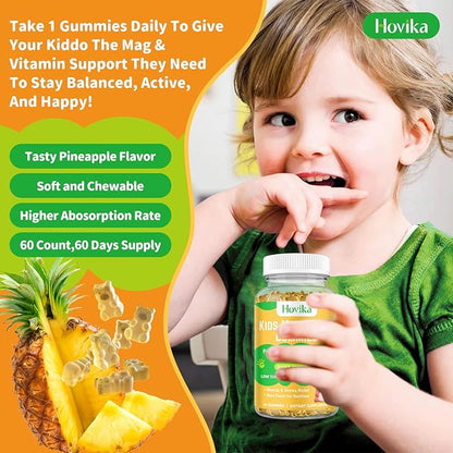 Magnesium Glycinate Gummies for Kids & Adults - Vitamin B6 & D3 - Great Tasting Kids Magnesium Calm Gummies for Promotes Sleep, Energy and Calm, Vegan Pineapple Flavor 60 Count