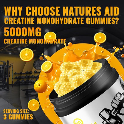 Natures Aid NSF Certified Creatine Gummy 5g - Creatine Monohydrate Gummies – Pre-Workout Energy & Muscle Growth Support for Men & Women | Orange Electrolyte Gummies (135 Count)