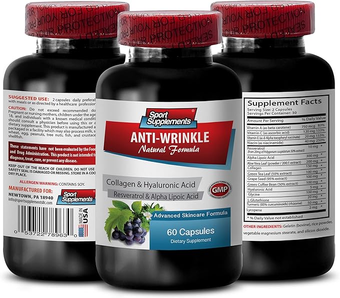 Resveratrol 2000 - Anti-Wrinkle Pills - Reducing oxidative Stress, Alpha lipoic Acid, Collagen, Aloe Vera Gel, hyaluronic Acid, Turmeric, Anti Aging Supplement, Anti Aging Pills 1 Bottle 60 Capsules