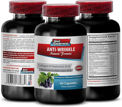Resveratrol 2000 - Anti-Wrinkle Pills - Reducing oxidative Stress, Alpha lipoic Acid, Collagen, Aloe Vera Gel, hyaluronic Acid, Turmeric, Anti Aging Supplement, Anti Aging Pills 1 Bottle 60 Capsules