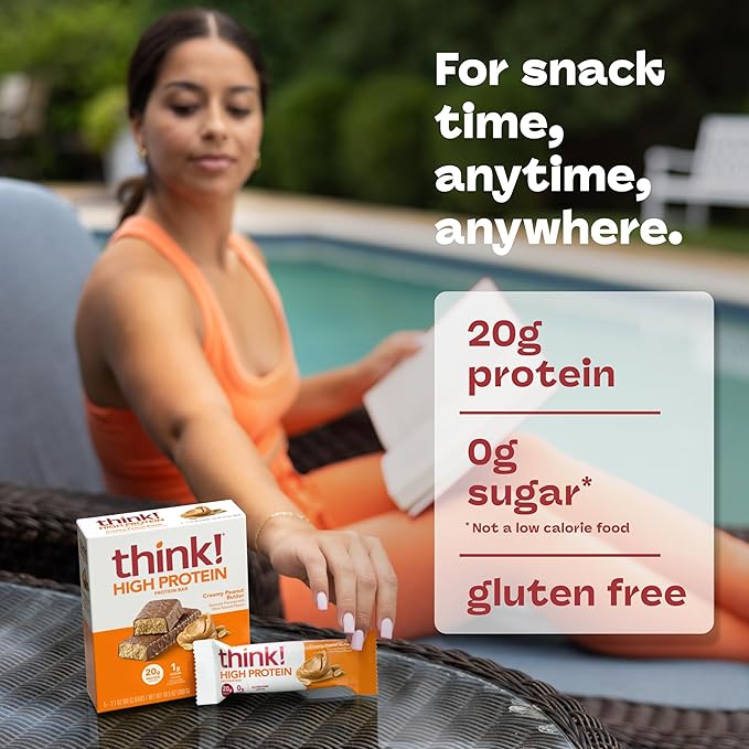 think! Protein Bars, High Protein Snacks, Gluten Free, Kosher Friendly, Creamy Peanut Butter, Nutrition Bars, 2.1 Oz per Bar, 12 Count (Packaging May Vary)