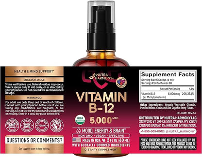 USDA Organic Vitamin B12 Sublingual Spray - 5000 mcg Liquid Vegan Methylcobalamin for Women & Men - Energy Boost, Focus & Mood, Brain Health Support - Maximize Absorption - 2 Month Supply, 2 fl oz