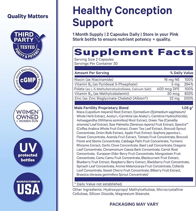 Pink Stork BlueStork Men's Fertility Support - Supports Conception for Him - Male Prenatal Vitamins with Maca Root, Ashwagandha, Folate, B12 - Sperm Heath, Drive, Motility - 60 Capsules