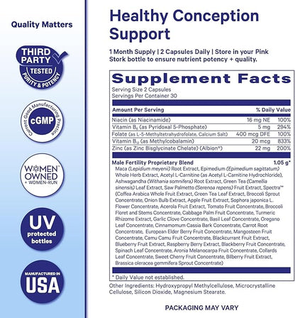 Pink Stork BlueStork Men's Fertility Support - Supports Conception for Him - Male Prenatal Vitamins with Maca Root, Ashwagandha, Folate, B12 - Sperm Heath, Drive, Motility - 60 Capsules